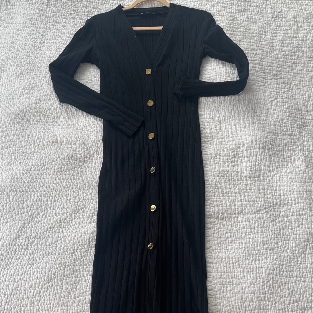 Black Button-Up Ribbed Zara Long Sleeve Dress